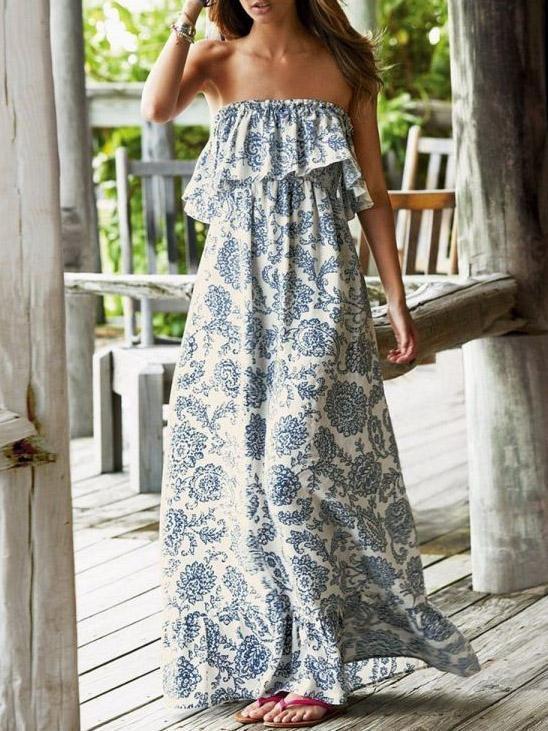 Sexy Printed Off Shoulder Loose Casual Boho Beach Maxi Dress