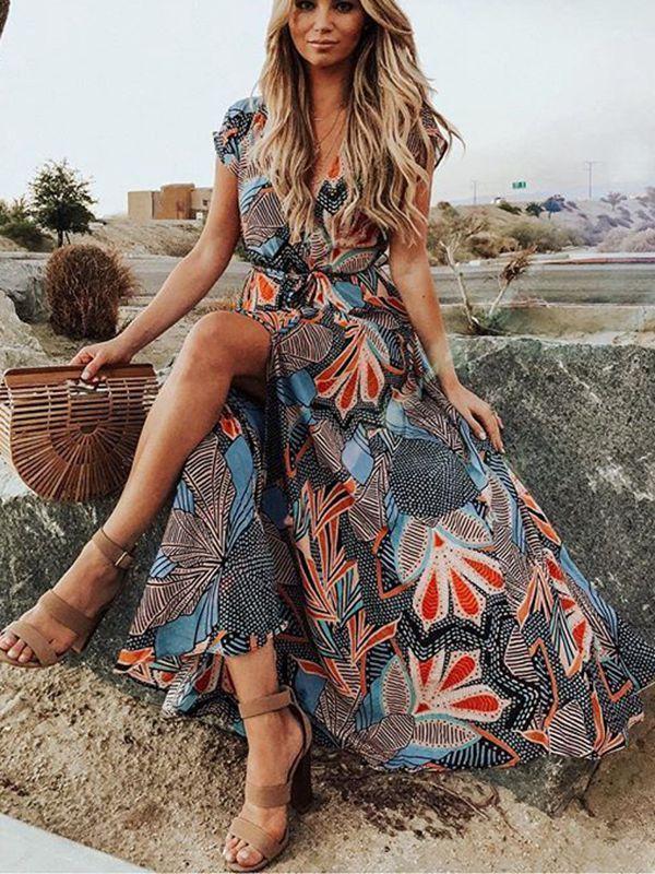 Bohemian Print V-Neck Short Sleeve Large Swing Maxi Dress