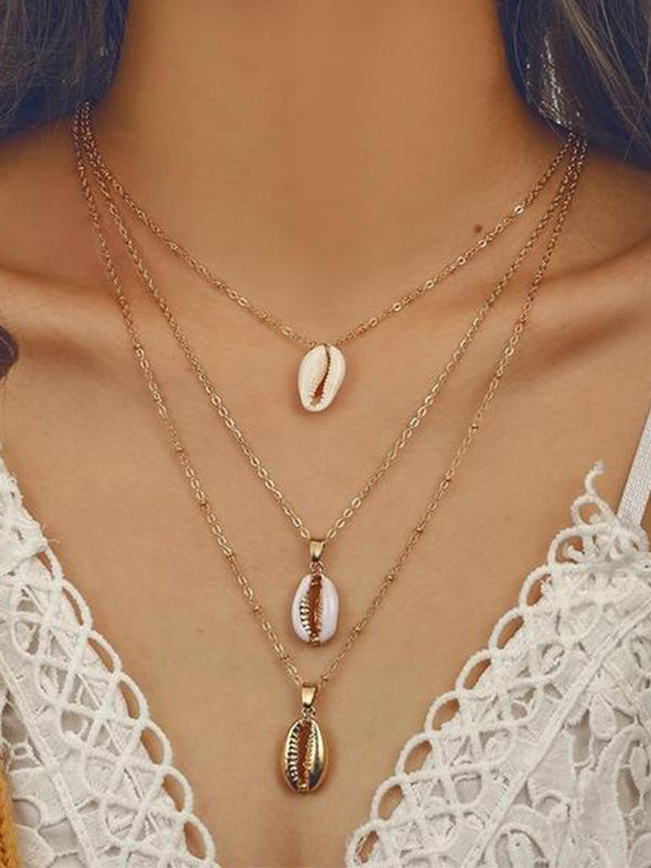 Three Layers Shell Pendant Necklace Natural Shell Gold Cowrie Women Necklace Bohemian Jewelry