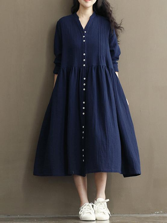 Vintage Button Linen Cotton Long Sleeve Midi Dress