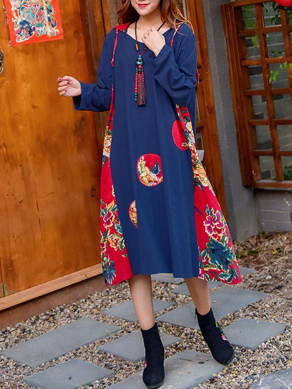 National Style Loose Print Cotton and Linen Hooded Dress