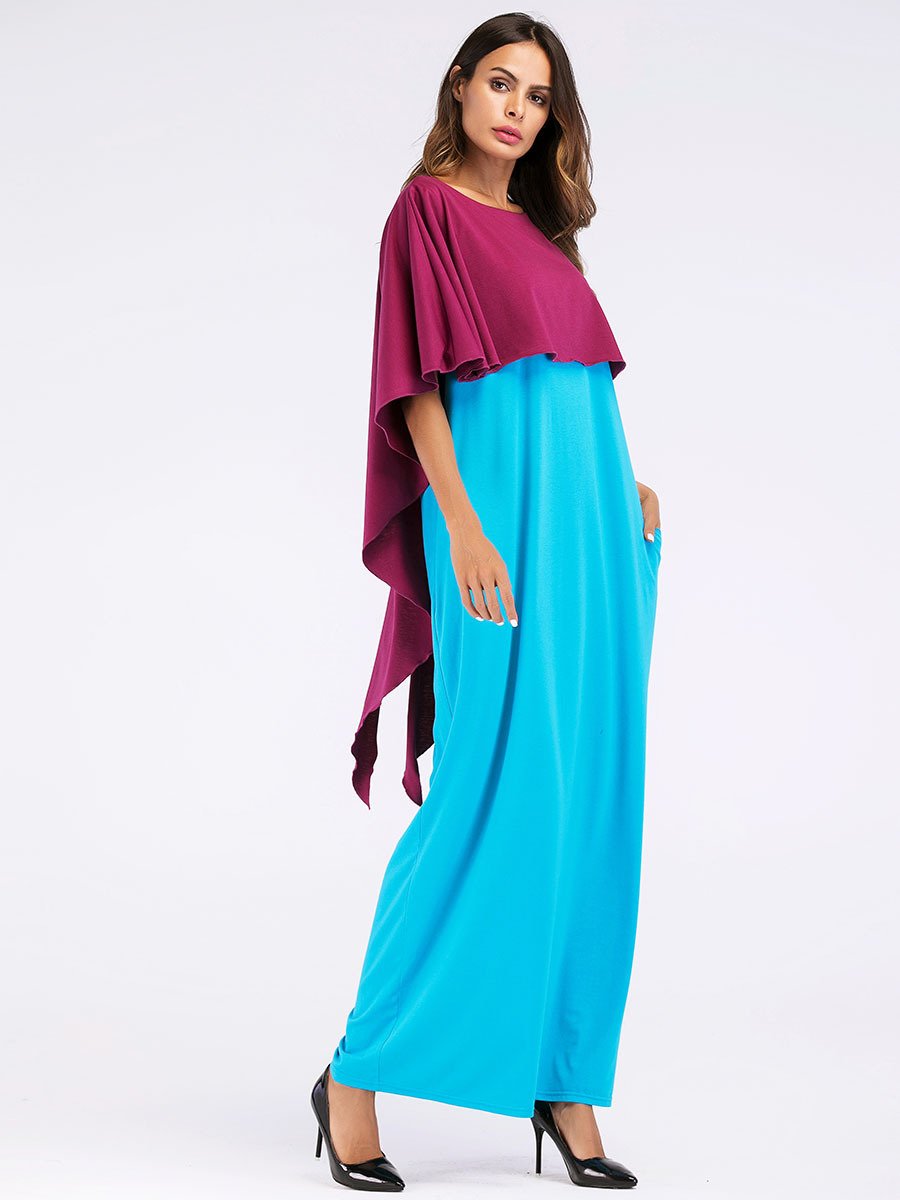 Fashion Contrast Color Asymmetry Cloak Patckwork Design Maxi Long Dress