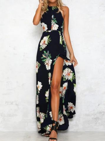 Sleeveless Polyester Halter Neck Floral Print Maxi Day Going Out Dress