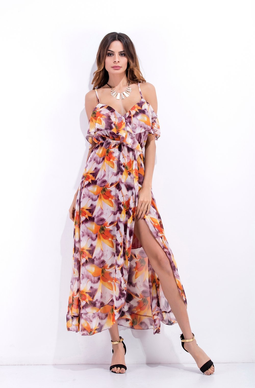 Sexy Spaghetti Strap Printed Chiffon Split Bohemia Maxi Dress