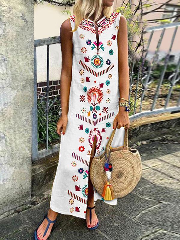 Boho Floral Summer Sleeveless Split Maxi Dress