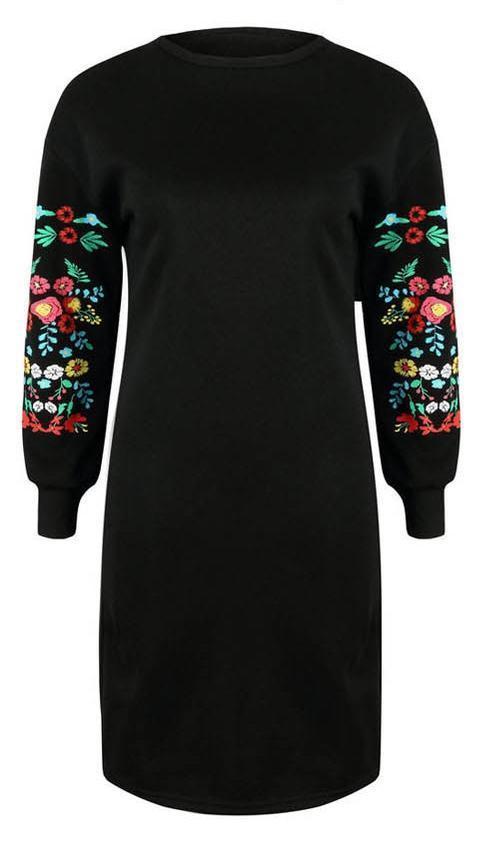 Round Neck Floral Long Sleeve Mini Dress