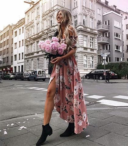 Sexy Off Shoulder High Split Floral Boho Causal Dress