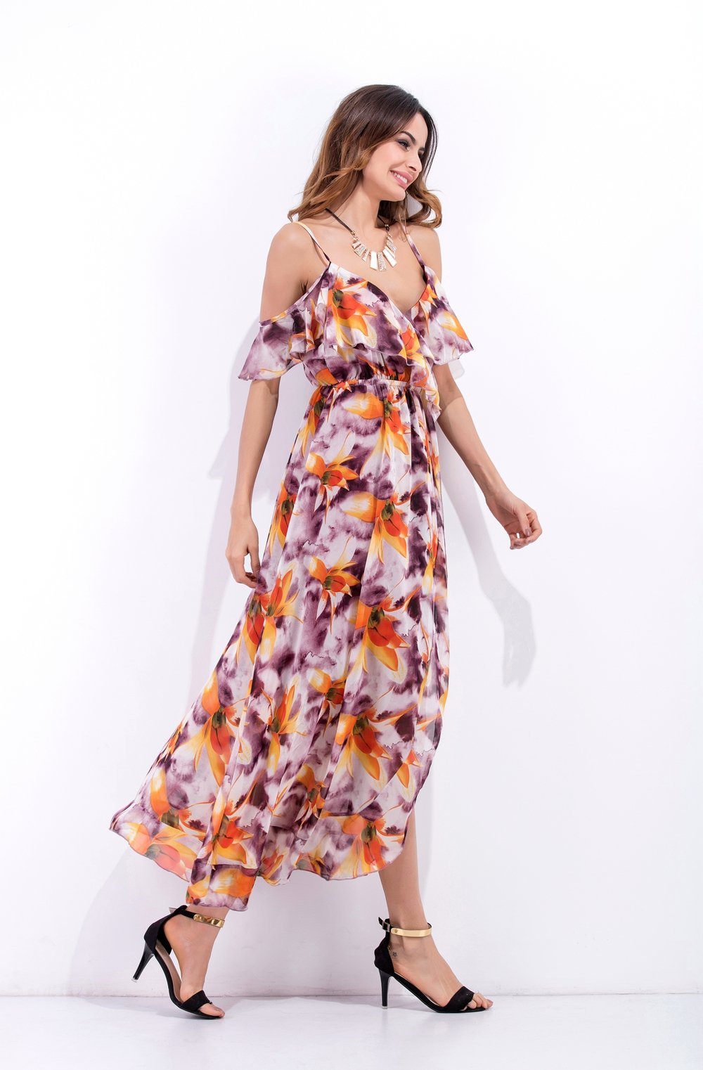 Sexy Spaghetti Strap Printed Chiffon Split Bohemia Maxi Dress