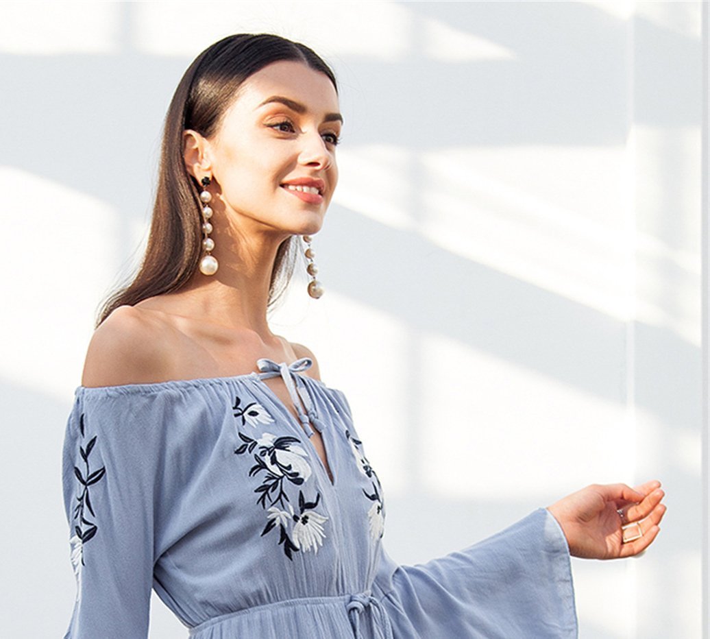 Off Shoulder Long Sleeve Embroidered Short Mini Dress