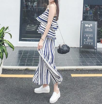 Stripe Spaghetti Strap Tops High Waist Wide Leg Pants 2 Pieces Set