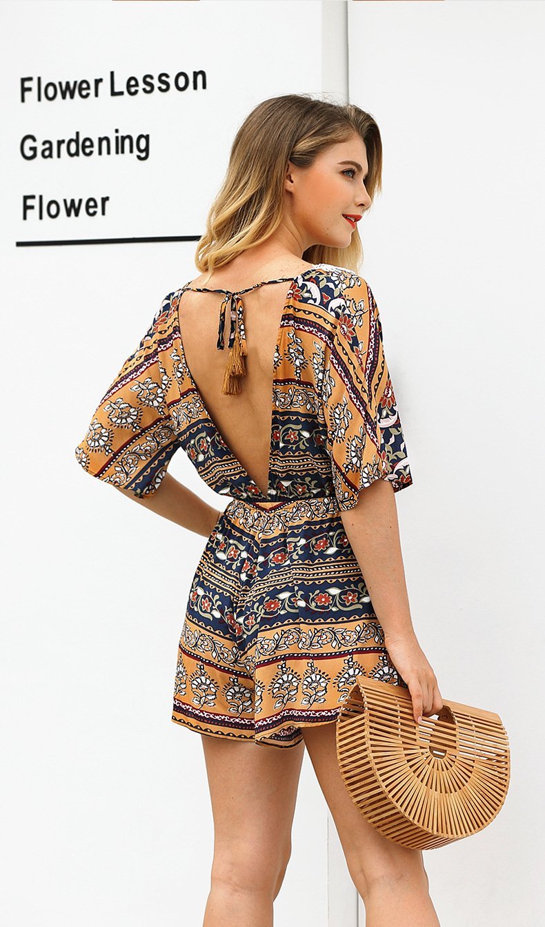 Print Deep V Neck Short Sleeve High Waist Jumpsuit Rompers