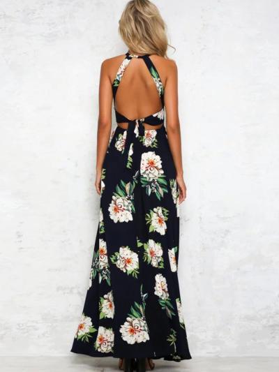 Sleeveless Polyester Halter Neck Floral Print Maxi Day Going Out Dress