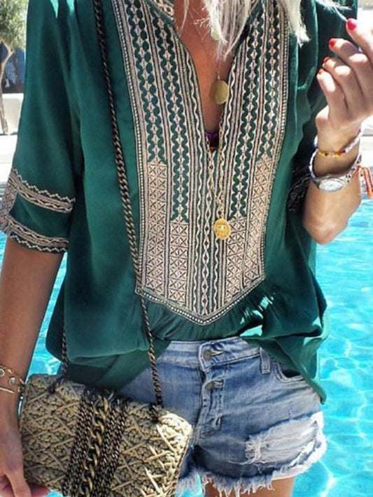 Ethnic Style Plus Size V-Neck Casual T-Shirt