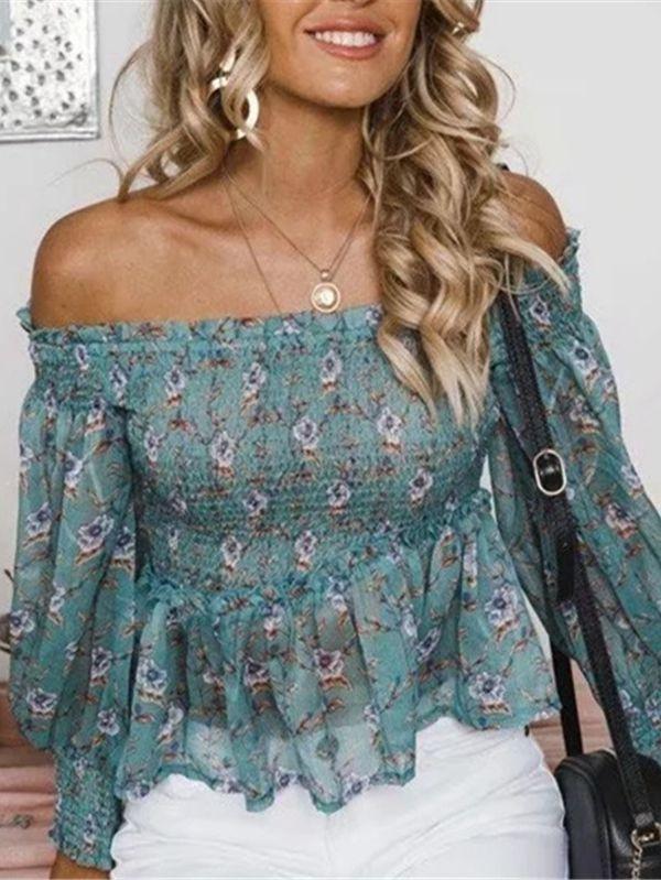 Off-The-Shoulder Print Elastic Long-Sleeved Top