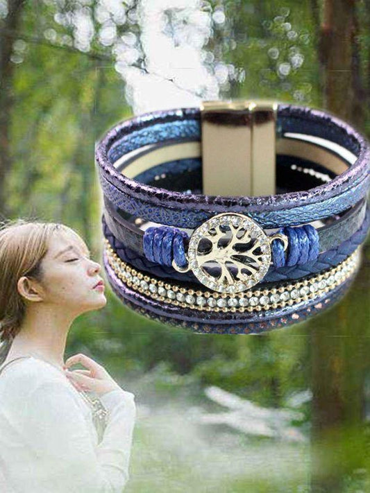 Life Tree Leather Rope Weaving Magnet Buckle Bracelet