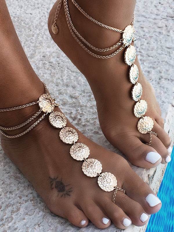 Boho Vintage Ethnic Carved Flower Plate Foot Chain Anklet Accessories