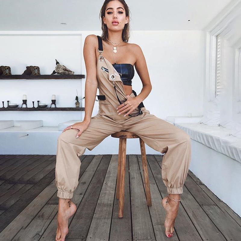 Khaki Zipper Bib with Pockets Fashion Casual Sexy Long Jumpsuits