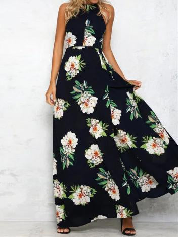 Sleeveless Polyester Halter Neck Floral Print Maxi Day Going Out Dress