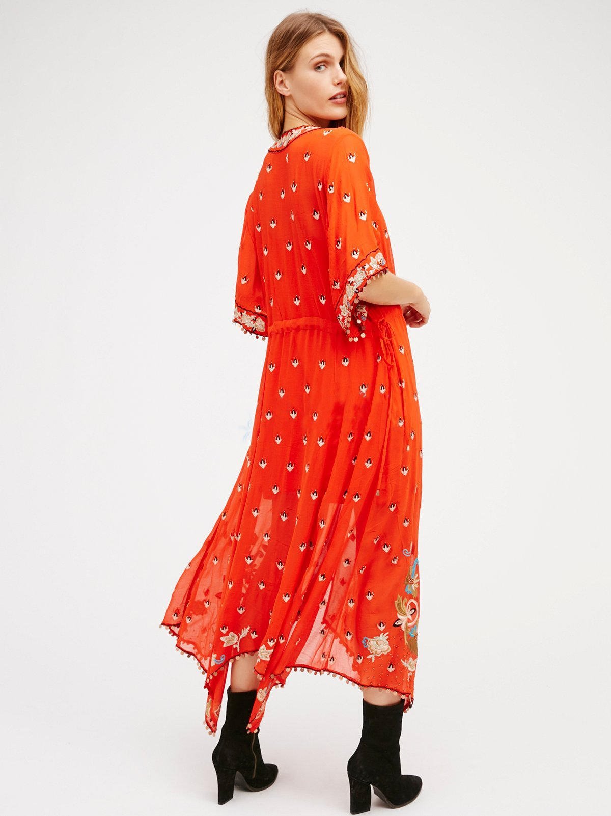 Print Embroidered V Neck Half Sleeve Button Maxi Dress