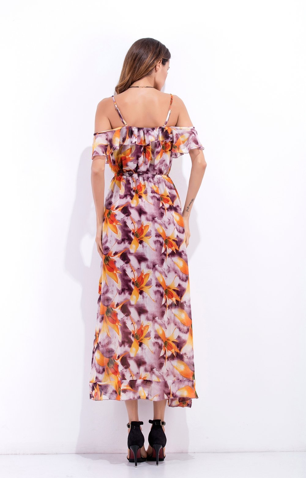 Sexy Spaghetti Strap Printed Chiffon Split Bohemia Maxi Dress