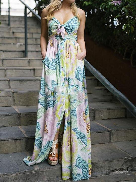 Print Spaghetti Strap Split Bohemia Maxi Dress