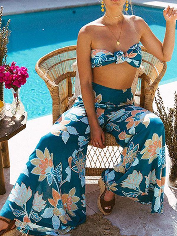 Bohemian Print Tube Top Straps Wide Leg Jumpsuit Suit