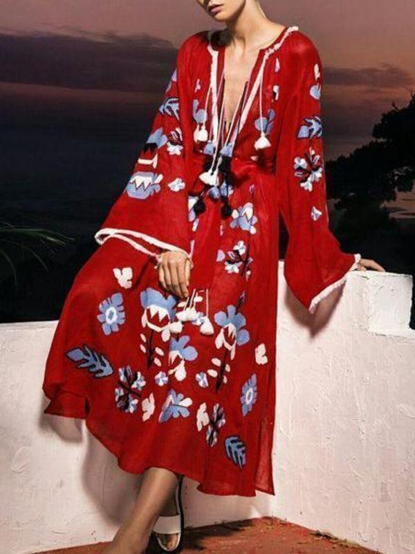 Bohemian Retro Sexy Print V-Neck Long-Sleeved Beach Long Dress