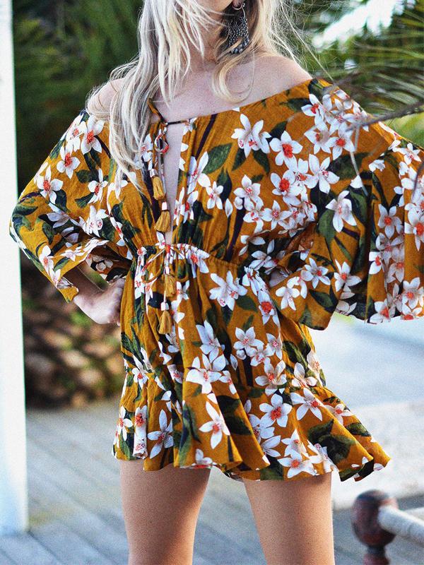 Bohemia Floral Print Off Shoulder Lace up Mini Dress