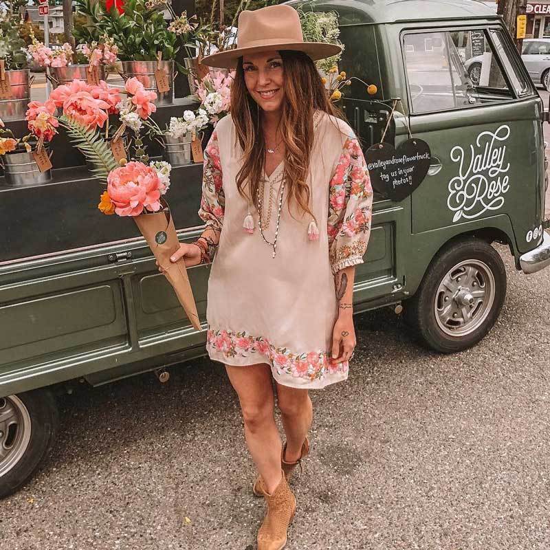 Floral Embroidery V-neck Tassel Puff Sleeves Boho Mini Dress