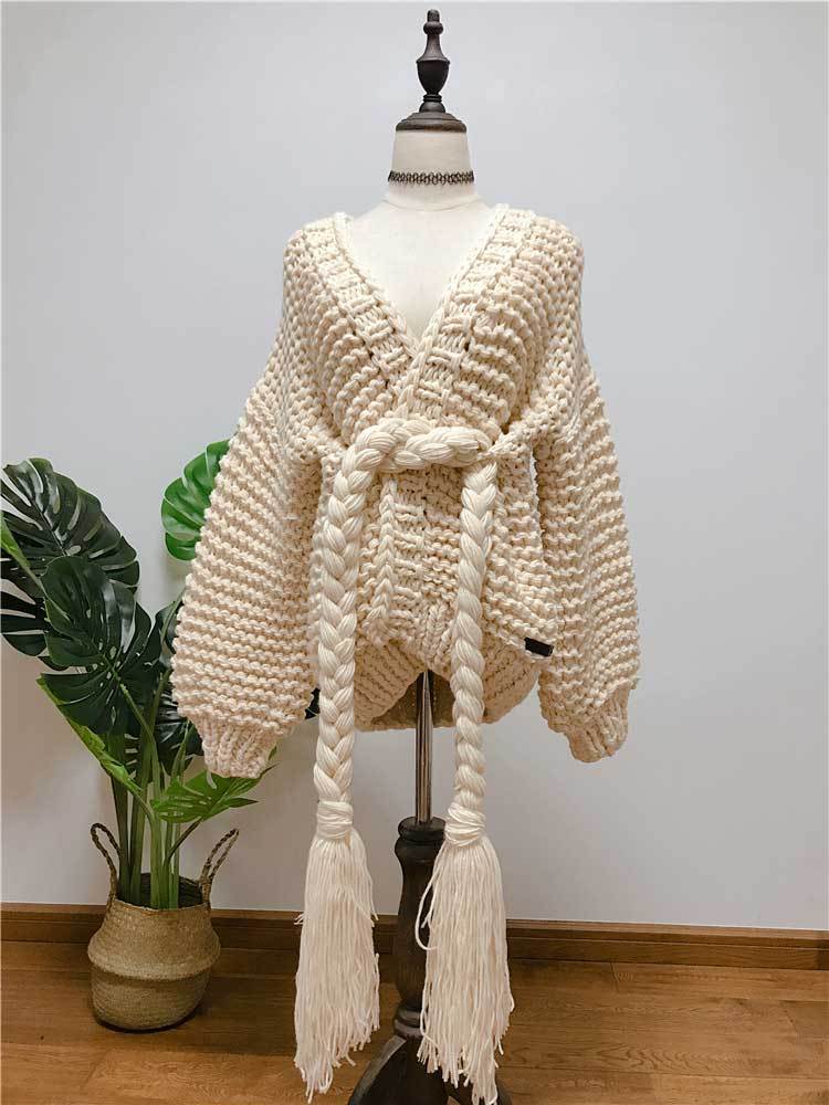 Knitting Loose Tassel Straps Long Sleeve Cardigan Sweater