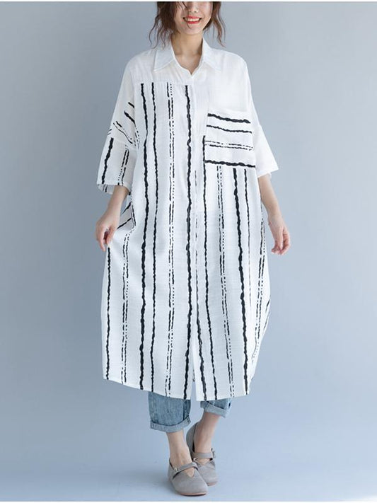 2018 Stripe Linen Cotton Loose Shirt Dress