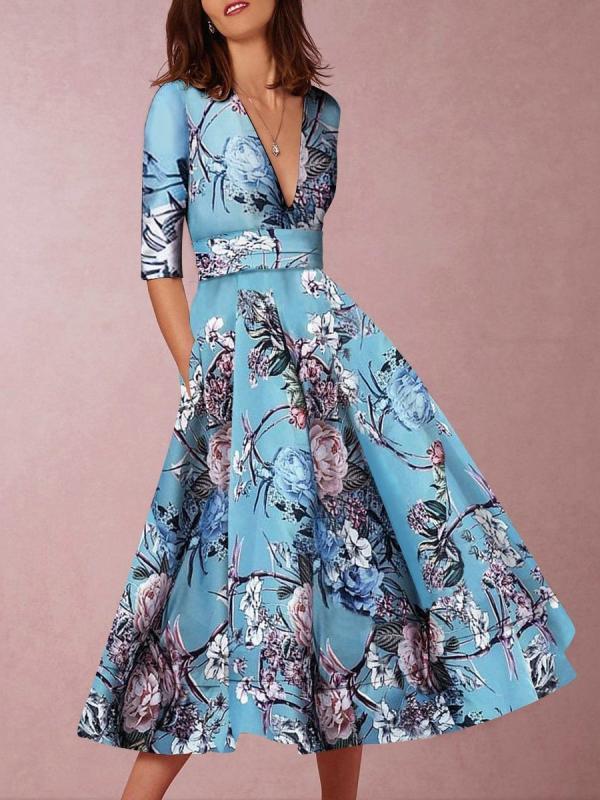 Floral Print V Neck Pleated Midi Dress