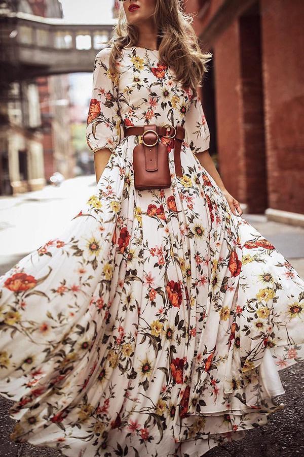 Floral Print Round Neck Bohemia Maxi Dress