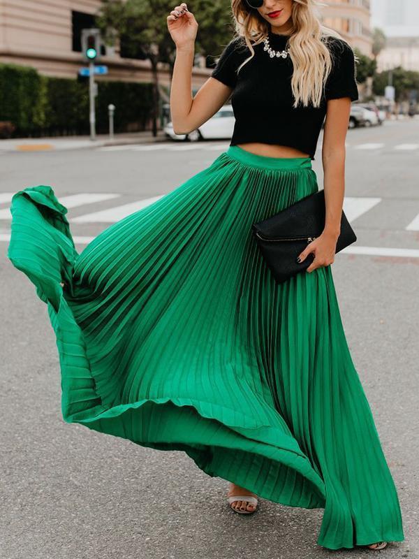 Solid Color High Waist Pleated Long Maxi Skirt