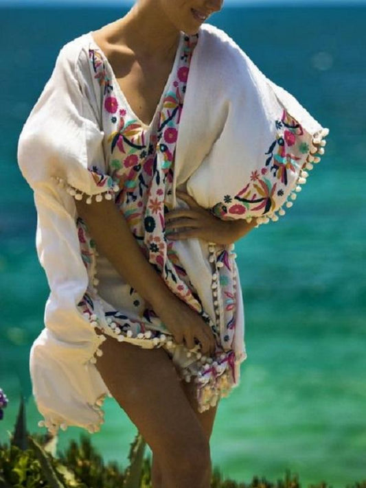 Floral Embroidered Beach Batwing Sleeve Boho Loose Cover-Up Dress