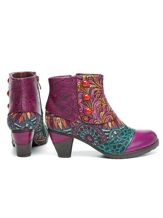 Boho Splicing Pattern Button Zipper Ankle Leather Boots