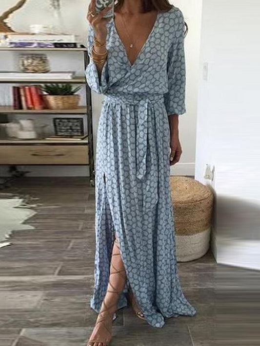 Print V Neck Belted Split Beach Maxi Dress