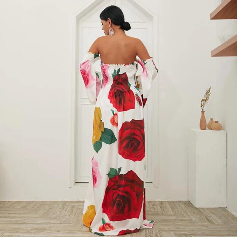 White Rose Floral Strapless Off Shoulder Sleeve Big Hem Long Dress