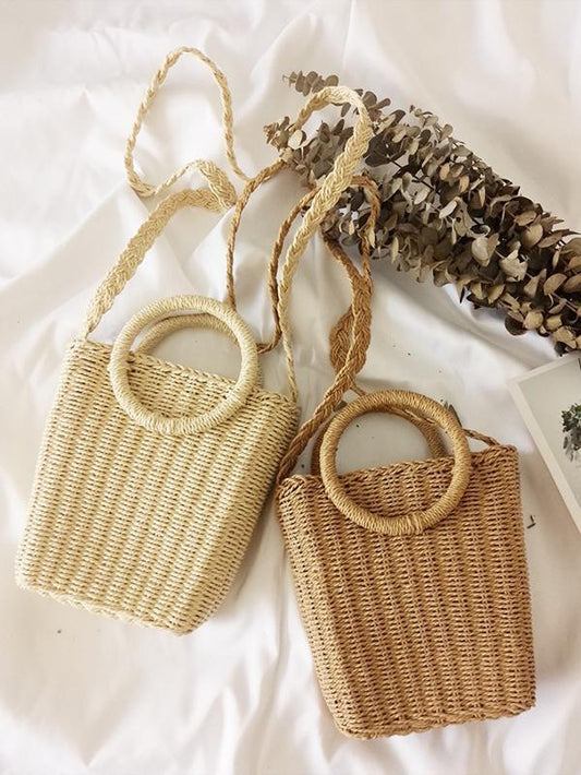 Vintage Ring Paper Rope Handbag Square Straw Bag Beach Bag