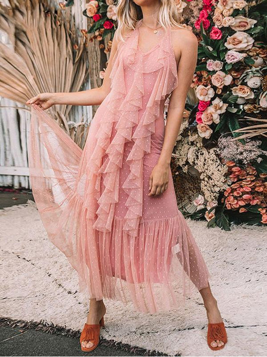 Boho Mesh Pink Ruffles 2 Pieces Sets Dress