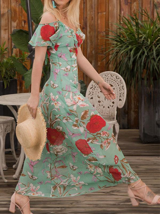 Casual Floral Chiffon Short Sleeve Slip Maxi Dress