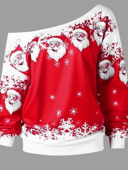 Santa Claus Print Oblique Shoulder Long Sleeve Tops