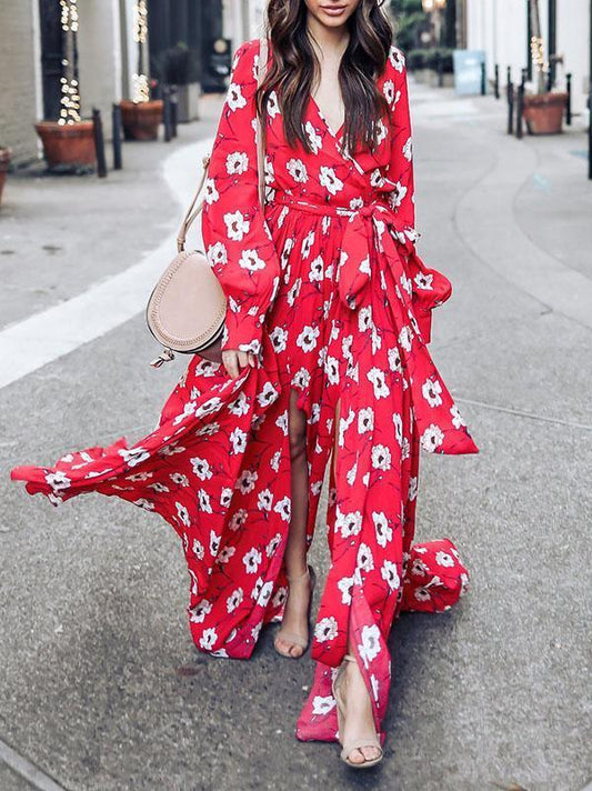 Floral Print V Neck Long Sleeve Belted Boho Maxi Long Dress