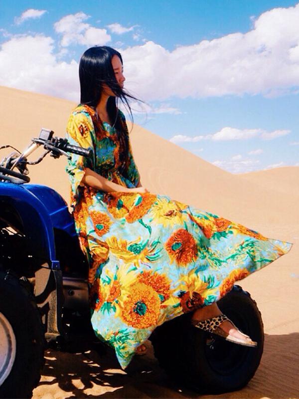 Boho Batwing Sleeves Sunflower Printed Maxi Dress