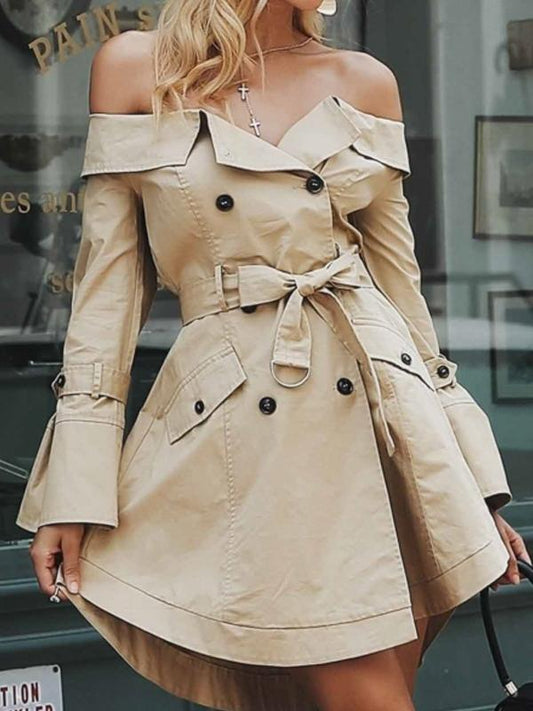 Solid Color Sexy Off Shoulder Belt Trench Coat