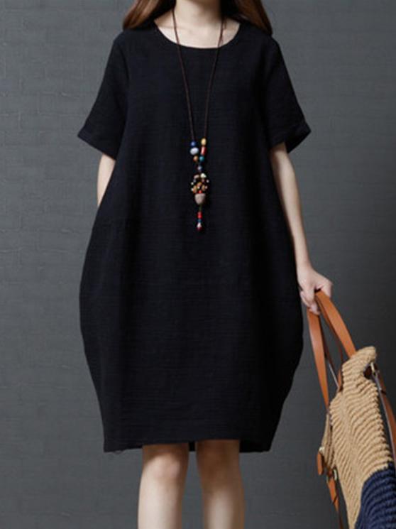 Pure Color Short Sleeve Loose Pockets Midi Dress