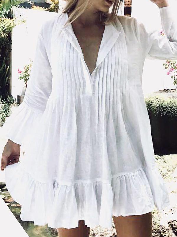 Autumn Bohemian Flare Sleeve Ruffles White Beach Dress