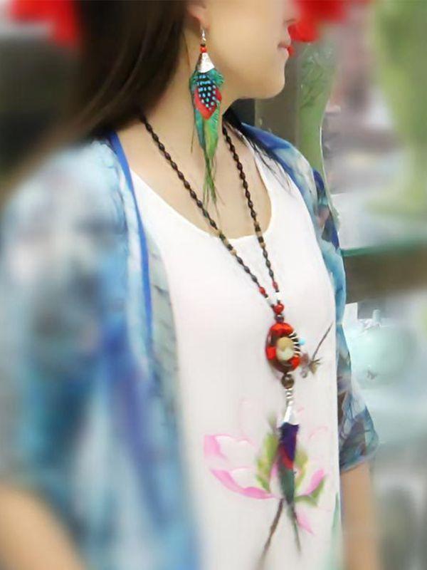 Peacock Feather Ethnic Long Earrings