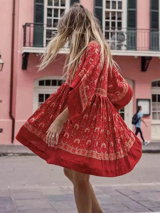 Floral Vintage Round Neck Casual Mini Dress