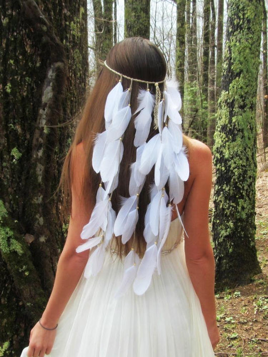 White Feather Bohemian Wedding Bride Headwear